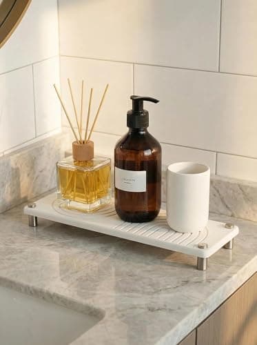 Diatomite Sink Tray - Zen Design Bathroom Counter Tray for Soap, Toothbrush & Skincare, Water Absorbing Stone Tray for Sink Fast Drying and Non-Slip (White) - Image 1
