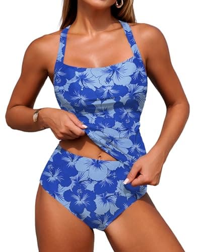 ZAFUL Women's Swimsuit Tankini Tummy Control Bathing Suits Two Piece Full Coverage Swim Suits with High Waisted Bottom Royal Blue Flower XL - Image 1