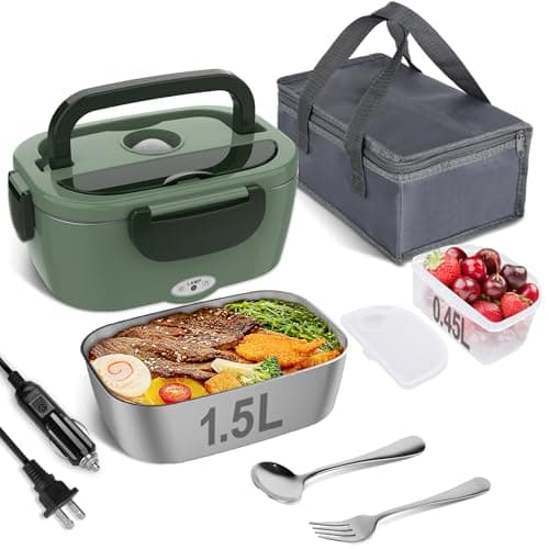 Vabaso Electric Lunch Box for Adults, 80W Heated Lunch Box Portable Food Warmer Lunch Box for Work/Men/Car/Truck with 1.5L 304 Stainless Steel Container Fork & Spoon, 110V/12V/24V - Image 1