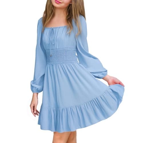 Simplee kids Girls Dresses Fall Long Sleeve Dress for Girl Tween Off Shoulder Smocked Dresses Size 14-15 Years Blue - Image 1