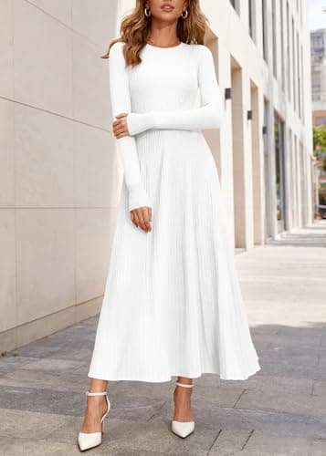 KIRUNDO Women Sweater Dress Holiday Ribbed Knit Long Sleeve Slimming Maxi Dress Fall Pleated Elegant A Line Winter Dresses(White, Medium) - Thumbnail 4