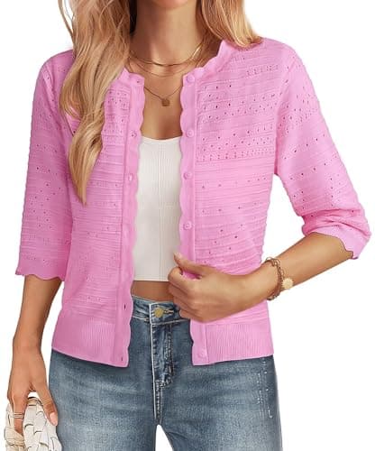 GRACE KARIN Womens Short Sleeve Cardigan Sweater, Lightweight Cropped Cardigan Trendy, Dressy Casual Floral Bolero Shrugs Pink - Image 1