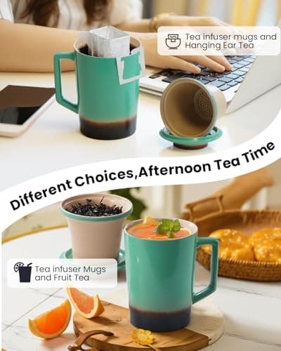 Foinly 15 oz Ceramic Tea Infuser Cup with Lid - Tea Mug with All Porcelain Strainer for Loose Leaf Teas,Microwave and Dishwasher Safe,Metal-Free,BPA-Free for Tea Lovers/Easter Day(Green) - Thumbnail 6