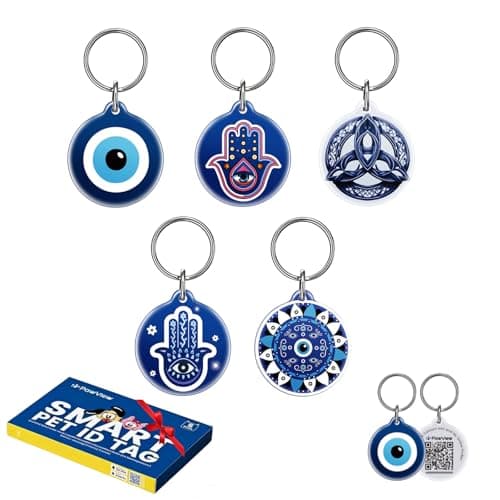 QR Code Pet ID Tags for Dogs & Cats, Guardian Spirit Series 5Pcs, Evil Eye, Hamsa Hand & Celtic Knot Symbols, Scan QR for Instant Location Alerts, Emergency Contact, Dog Collar Charms, Keychain - Image 1