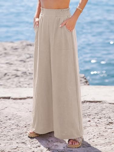 NIMIN Women Wide Leg Palazzo Pants High Waisted Casual Lounge Pants Flowy Loose 2026 Summer Beach Vacation Outfits Dressy Trousers with Pockets Apricot - Thumbnail 3
