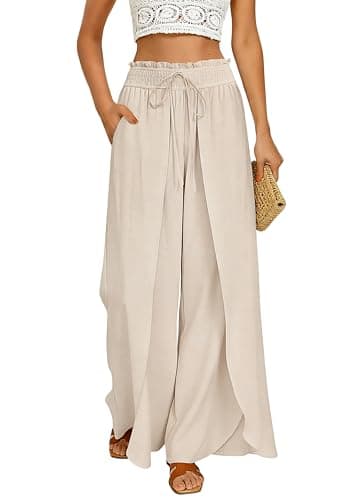 GRACE KARIN Women's Linen Pants Wide Leg Beach Dress Pants Tulips Side Split Slacks with Pockets Apricot S - Image 1