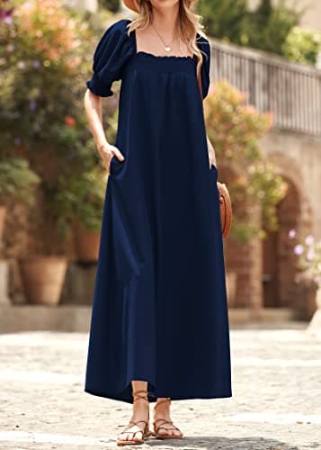 KIRUNDO Women 2026 Summer Maxi Dress Casual Loose Puff Sleeve Square Neck Maternity Flowy Long Beach Dresses with Pockets(Navy, Large) - Thumbnail 2