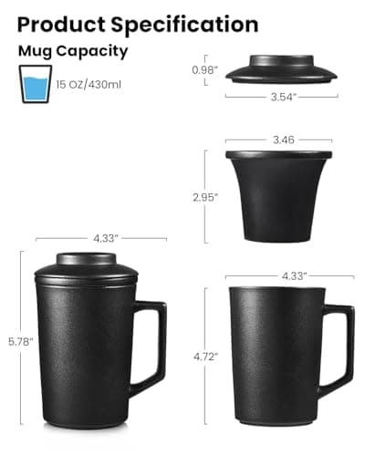 Foinly 15 oz Ceramic Tea Infuser Cup with Lid - Tea Mug with All Porcelain Strainer for Loose Leaf Teas,Microwave and Dishwasher Safe,Metal-Free,BPA-Free for Tea Lovers/Easter Day (Black) - Thumbnail 2