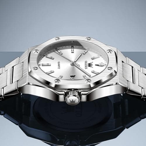 OLEVS Watch Men Luxury Silver Stainless Steel Dress Wrist Analog Quartz Waterproof Watches for Men Fashion Luminous Nice Large Face Minimalist Mens Watches Relojes para Hombres - Thumbnail 5