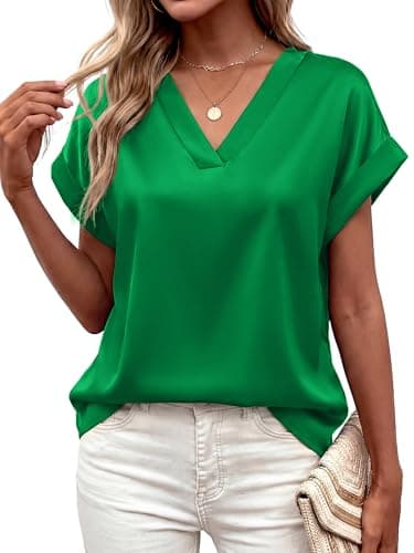 MASCOMODA Womens V Neck Silk Satin Tops Dressy Short Sleeve Work Blouses Spring Summer Loose T Shirts Business Casual Outfits(Green,XX-Large) - Image 1