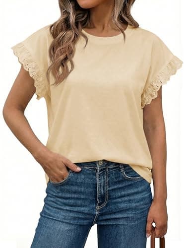 Tankaneo Womens Summer Crewneck T Shirts Lace Cap Sleeve Tops Dressy Casual Loose Fit Work Basic Tees Outfits 2026 Beige - Image 1