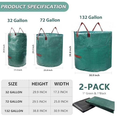 Garrdeen 2 Pack 32 Gallon Reusable Yard Waste Bags (Green + Black), Collapsible Heavy Duty Lawn & Leaf Bags with Reinforced Handles for Leaf Collection, Yard Cleanup, Storage - Thumbnail 2