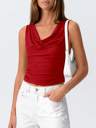 BTFBM Cowl Neck Tank Tops for Women 2026 Spring Summer Sleeveless Dressy Blouses Business Casual Outfits Going Out Top(Red, X-Large) - Thumbnail 3