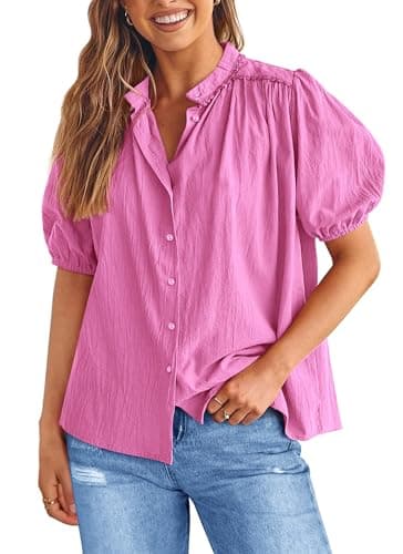 PRETTYGARDEN Women's 2026 Summer Button Down Shirts Short Lantern Sleeve V Neck Cotton Cute Tops Dressy Casual Blouses (Rose Pink,Large) - Image 1