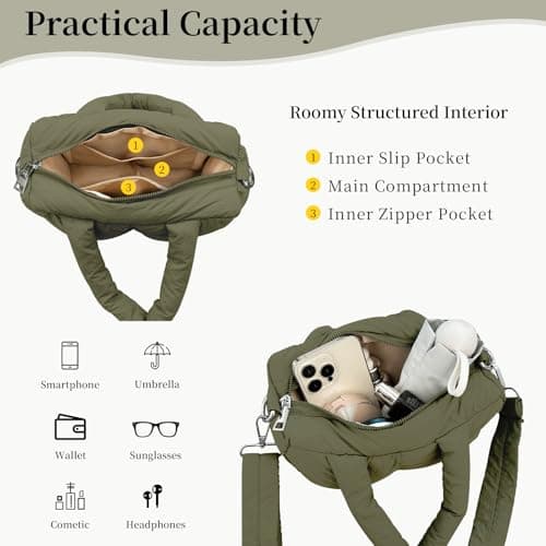 JHhomezeit Small Puffer Bag for Women, Crossbody Puffer Tote Bag Quilted Puffy Bags Satchel Shoulder Purse Fluffy Handbag Army Green - Thumbnail 4