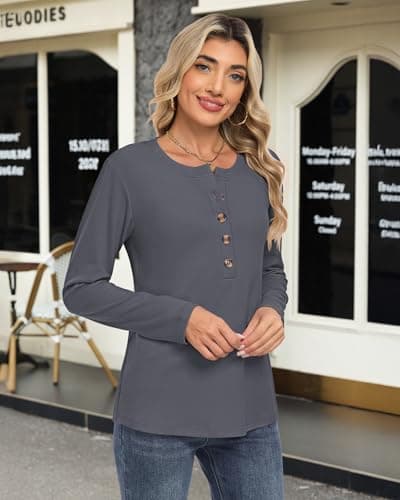 WNEEDU Women's Long Sleeve Henley Shirts 2025 Fall Winter Warm Sweatshirt Fashion Casual Tunic Tops(Gray,L) - Thumbnail 2