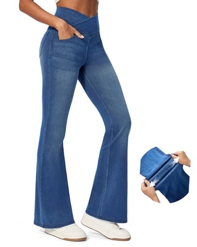 IUGA High Waisted Bell Bottom Jeans for Women Flare Stretchy Jeans Pull On Wide Leg Jean Woman V Cross Flare Leggings Pants(Whiskers Medium Wash, 31", X-Large) - Image 1