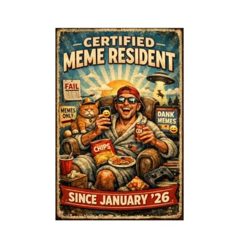 Certified Meme Resident Tin Sign Funny Meme Metal Wall Art Retro Humor Poster Gaming Snack Couch Scene Decorative Plaque Room Garage Wall Decor 8x12 Inch - Image 1