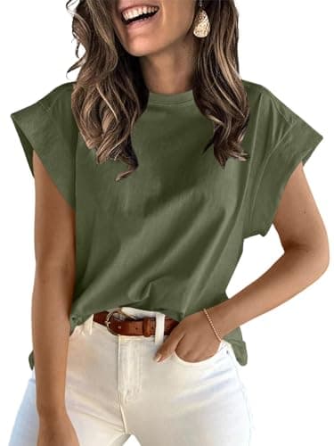 ZDC Women's Cap Sleeve Tank Tops Summer Crew Neck T Shirts Basic Loose Fit Solid Tee Army Green - Image 1