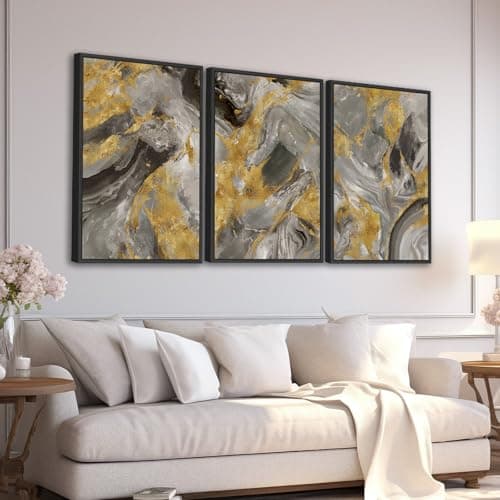 Large Framed Abstract Wall Art - Brown Grey Dark Wall Decor 16"x24" Set of 3 Vintage Marble Fluid Painting Prints Modern Canvas Pictures for Living Room Bedroom Office Artwork - Image 1