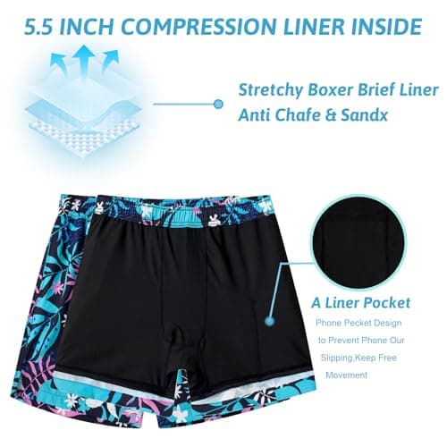 Cozople Men's Bathing Suit with Compression Liner 5.5 inch Swim Trunks 2 in 1 Quick Dry Boxer Brief Lined Swimwear Tropical Flowers Print Board Short S Beach Play Sandcastle Building Wave Wading - Thumbnail 5