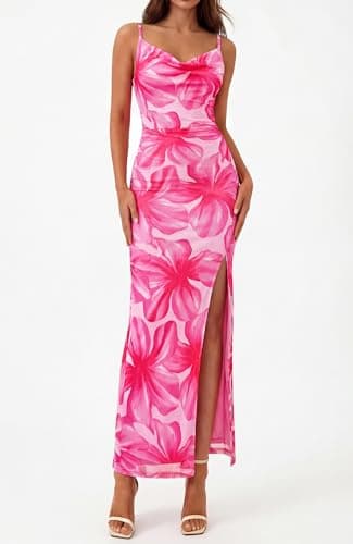 BTFBM Summer Dresses for Women 2026 Bodycon Spaghetti Strap Floral High Split Maxi Cocktail Wedding Guest Dress(Floral Pink,Small) - Thumbnail 6