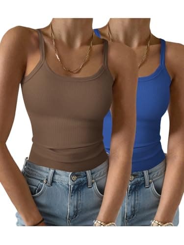 GKBK 2 Pack Womens Sleeveless Tank Top Form Fitting Spaghetti Strap Scoop Neck Ribbed Knit Workout Lounge Basic Slim Fitted Crop Summer 2026 Cami Layering Casual Shirts Brown Royal Blue XS - Image 1