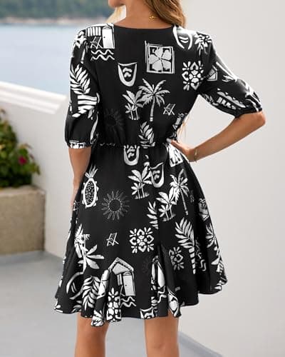 BTFBM Women Summer Spring Floral Boho Dress 2026 V Neck Short Sleeve Ruffle Beach Vacation Clothes Wedding Guest Dresses(Floral Black White, Small) - Thumbnail 3