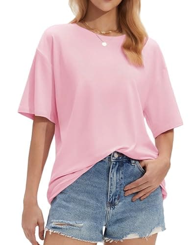 Stelle Women Crew Neck Short Sleeve T Shirts Oversized Summer Tops Loose Fit Soft Basic Tee Shirt Pink X-Small - Image 1