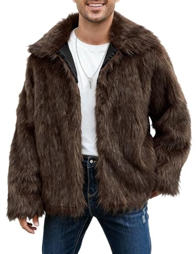 Eisctnd Men's Faux Fur Coat, Warm Fluffy Fuzzy Fleece Jacket with Lapel Collar for Winter Fashion Trench Outerwear(Coffee-L) - Image 1