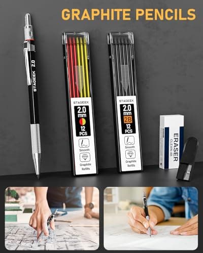 14 Pack Mechanical Carpenter Pencil Set with Sharpener 38 Refills, Automatic Center Punch, Carbide Scribe Tool, Eraser and Deep Hole Marker Pen, Heavy Duty Construction Pencil for Architect-With Pouch - Thumbnail 3