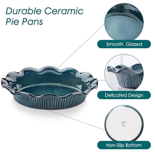 vancasso Ceramic Pie Pan for Baking, 9 inch Deep Pie Plates for Apple Pie, Pot Pie, Tart and Quiche, Reactive Glaze Fluted Pie Pans, Large Pie Dish with Ruffled Edge, Green, STERN Series - Thumbnail 4