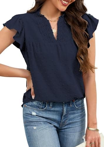 ECOWISH Womens Summer Tops Dressy Casual Ruffle V Neck Short Sleeve Blouses Swiss Dot Flowy Shirt Trendy 2026 Navy Blue Small - Image 1