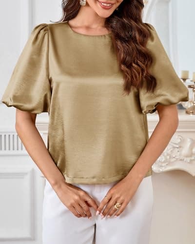 Tankaneo Womens Satin Silk Blouses Puff Short Sleeve Dressy Casual Tops Loose Fit Crew Neck Cropped Shirts Gold - Thumbnail 2