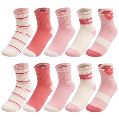 scenicamp Cute Girls Socks Kids Crew Sock - 5 Pairs Cotton Breathable Athletic Sock School Uniform Socks with Hearts & Stripes 6-9 Years - Image 1