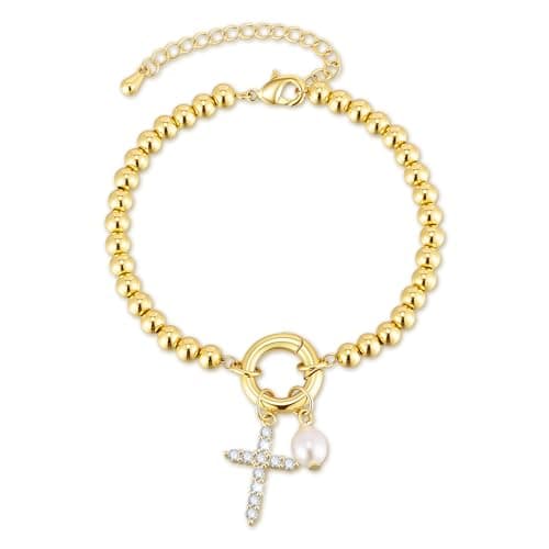 Womens Gold Beaded Cross Bracelet - 14k Gold Plated Baroque Pearl Zircon Cross Bracelets,Non Tarnish Religious Jewelry Pulseras Para Mujer,Catholic Confirmation Baptism Easter Gifts for Woman - Image 1