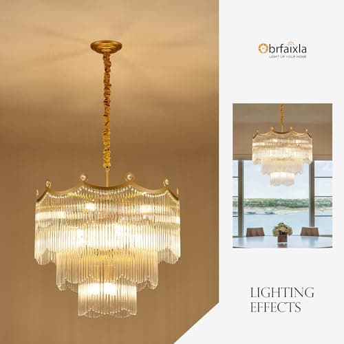 brfaixla 23.1" Modern Glass Gold Chandelier Light Fixture Luxury Glam 3-Tier Crystal Chandeliers for Dining Room 13-Light Round Hanging Ceiling Pendant Lighting for Living Room Bedroom Entrance Foyer - Thumbnail 5