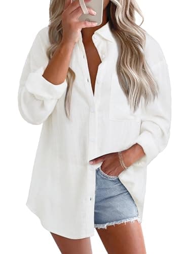Astylish Womens Lightweight Loose Fit Flowy Tunic Tops Office Casual Spring Summer Linen Cotton Gauze Button Up Shirts Roll Up Long Sleeve V Neck Camp Trendy Soft Cute Simple Blouses White Small - Image 1