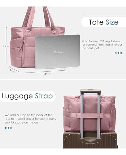 Tote Bag for Women with Zipper, Quilted Puffer Tote Bag with Compartments, Lightweight Puffy Work Bags for Women Travel (Mauve Pink - Thumbnail 5
