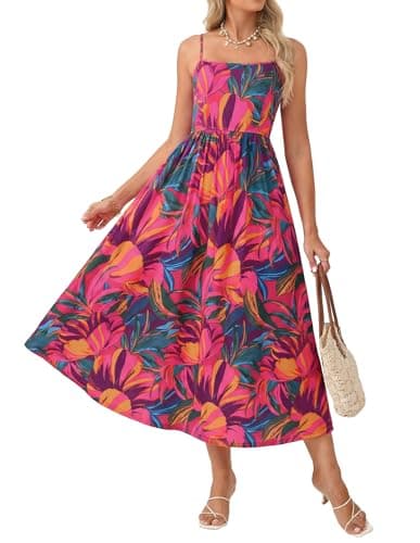 GRACE KARIN Summer Wedding Guest Dresses for Women 2026, Spaghetti Strap Beach Boho Maxi Dress,Flowy Floral Dress with Pocket Rose Blue Green XXL - Image 1
