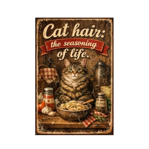 Cat Hair The Seasoning of Life Vintage Tin Sign Funny Cat Kitchen Wall Decor Retro Metal Plaque Rustic Farmhouse Cat Lover Gift 8x12 Inch Pre Drilled