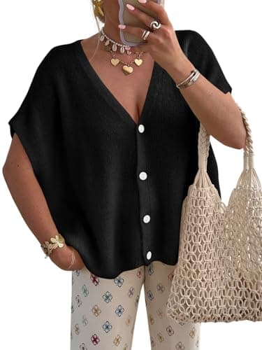 PRETTYGARDEN Button Up Lightweight Short Sleeve Cardigans for Women Trendy 2026 Casual Knit Open Front Maternity Clothes (Black, XX-Large) - Image 1