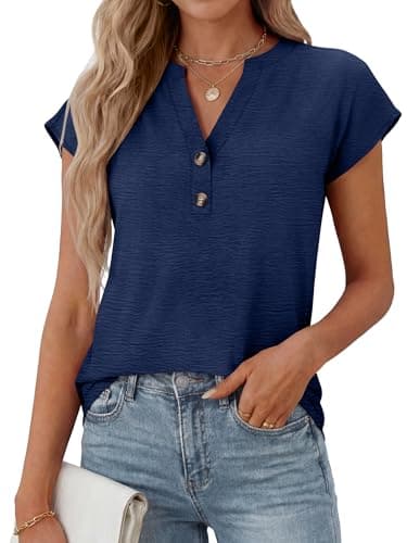 ANRABESS Womens Tops Dressy Casual Cap Sleeve Summer Work Blouses Textured V Neck Henley Shirts 2026 Trendy Business Outfits Navy Blue X-Large - Image 1