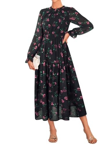 GRACE KARIN Women's Floral Chiffon Dresses Puff Long Sleeve Flowy Wedding Guest Dress Smocked Tiered Maxi Dresses Black L - Image 1