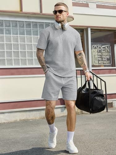 JEMLDL Men's Short Sets 2 Piece Polo Shirt Summer Outfits Casual Fashion Loungewear Short Sleeve Travel Golf Tracksuits Gray Small - Thumbnail 6
