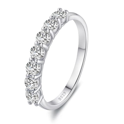 HYLYLEED Moissanite Wedding Rings for Women 7 Stones Eternity Bands for Women Sterling Silver Ring Anniversary Band 18K White Gold Plated, 0.7CT Size 9 - Image 1