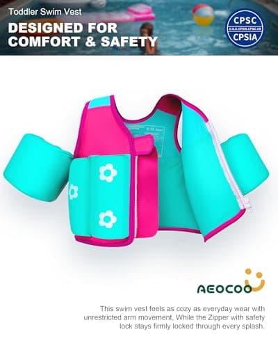 AEOCOO Toddler Swim Vest 20-30-50-70 Pounds, Kids Pool Floaties for 1-2-3-5-7-9 Years Old, Comfortable Wear Bright Float Jacket with Water Ring, Unpadded Sides for Arm Comfort, Boys, Girls, Pink - Thumbnail 2