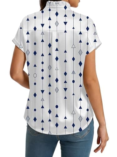 Funlingo Womens Tops Short Sleeve Button Down Shirts Dressy Casual Ruffle Collar Satin Silk Blouses 2026 Summer Fashion Clothes Geometric White 2XL - Thumbnail 5