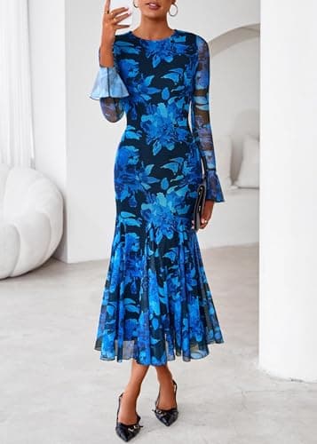 Lazysmile Women's Long Sleeve Floral Maxi Dresses Fall Formal Crewneck Bodycon Mesh Ruffle Wedding Guest Cocktail Party Dress Blue - Thumbnail 4