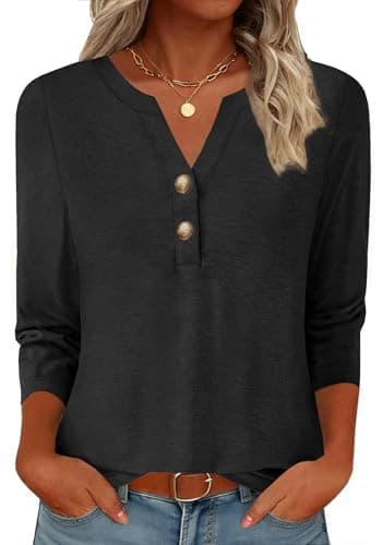 GKBK Womens Tops 3/4 Length Sleeve V Neck Button Down Raglan T Shirts Business Casual Work Basic Tees Workout Summer Trendy Cute 2026 Dressy Casual Clothing Ladies Blouses Black 3XL - Image 1